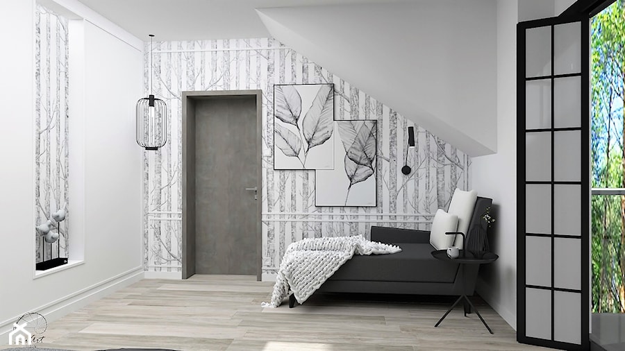 Sypialnia w brzozy - Średnia biała sypialnia na poddaszu z balkonem / tarasem, styl glamour - zdjęcie od LuArt Design