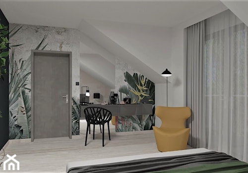 Sypialnia z tapetą od Wonderwall - Średnia biała czarna sypialnia na poddaszu z balkonem / tarasem, styl industrialny - zdjęcie od LuArt Design