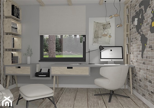 Przytulne home office - Średnie w osobnym pomieszczeniu z zabudowanym biurkiem beżowe szare biuro, styl skandynawski - zdjęcie od LuArt Design