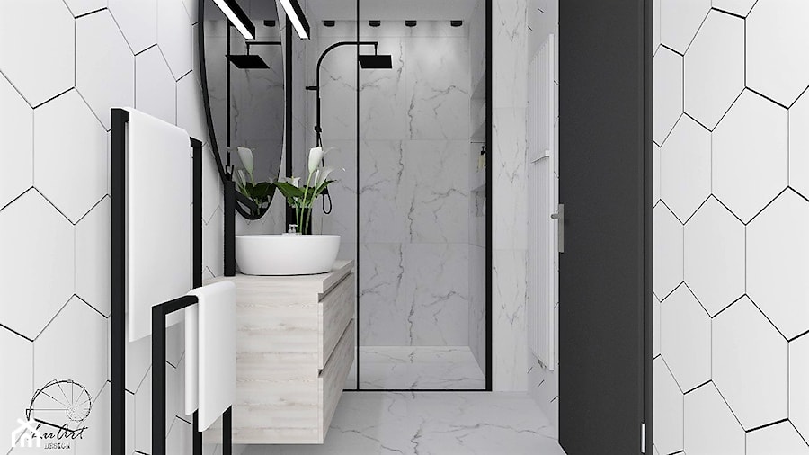 Łazienka Heksagony - Mała bez okna z lustrem z marmurową podłogą łazienka, styl nowoczesny - zdjęcie od LuArt Design