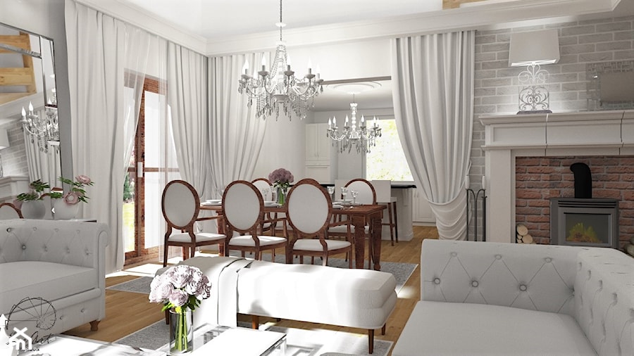 Salon Primavera - Średni szary salon z jadalnią z tarasem / balkonem, styl glamour - zdjęcie od LuArt Design