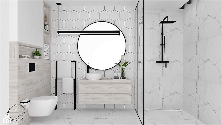 Łazienka Heksagony - Średnia bez okna z lustrem z marmurową podłogą łazienka, styl nowoczesny - zdjęcie od LuArt Design