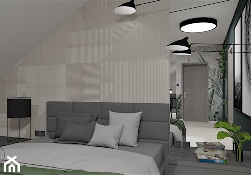 Sypialnia z tapetą od Wonderwall - Średnia biała czarna sypialnia na poddaszu, styl industrialny - zdjęcie od LuArt Design