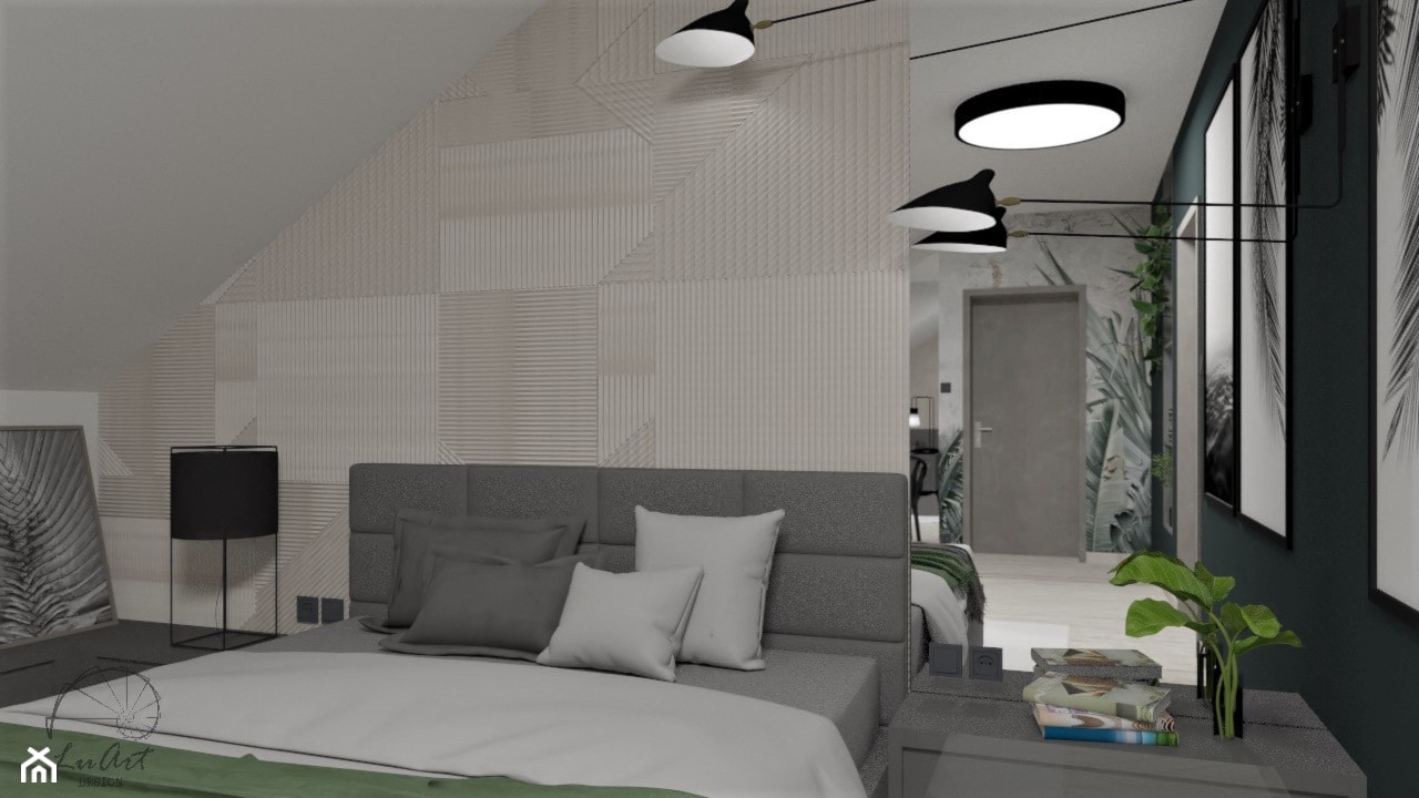 Sypialnia z tapetą od Wonderwall - Średnia biała czarna sypialnia na poddaszu, styl industrialny - zdjęcie od LuArt Design - Homebook