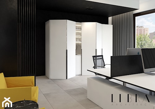 Projekt wnętrza biura - Średnie z sofą z zabudowanym biurkiem czarne szare biuro, styl nowoczesny - zdjęcie od LIBRA Architekci