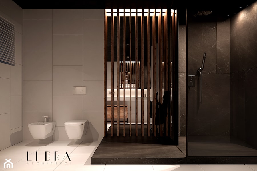 Łazienka z prysznicem - Średnia na poddaszu bez okna łazienka, styl nowoczesny - zdjęcie od LIBRA Architekci