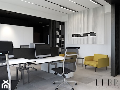 Aranżacje wnętrz - Biuro: Projekt wnętrza biura - Duże z sofą białe czarne biuro, styl nowoczesny - LIBRA Architekci. Przeglądaj, dodawaj i zapisuj najlepsze zdjęcia, pomysły i inspiracje designerskie. W bazie mamy już prawie milion fotografii!
