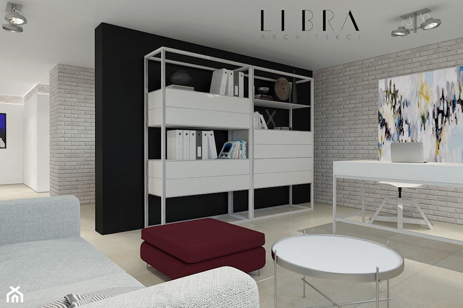 Projekt holu z biurem i toaletą - Średnie w osobnym pomieszczeniu z sofą czarne szare biuro, styl nowoczesny - zdjęcie od LIBRA Architekci