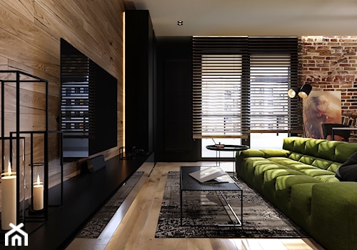 Rb_Architects Żoliborz Artystyczny - Średni brązowy czarny salon z jadalnią, styl industrialny - zdjęcie od RB ARCHITECTS