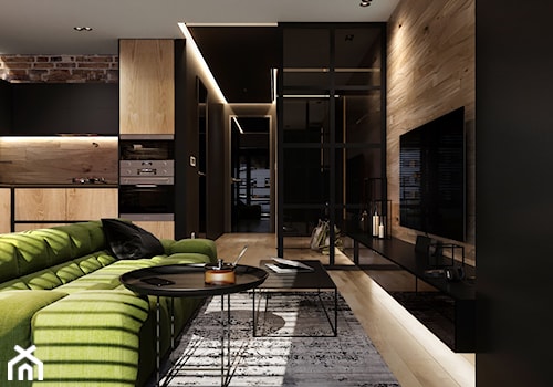 Rb_Architects Żoliborz Artystyczny - Średni czarny salon z kuchnią, styl industrialny - zdjęcie od RB ARCHITECTS