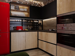 Rb_Architects Żoliborz Artystyczny - Mała zamknięta z kamiennym blatem czarna z zabudowaną lodówką kuchnia w kształcie litery l, styl industrialny - zdjęcie od RB ARCHITECTS