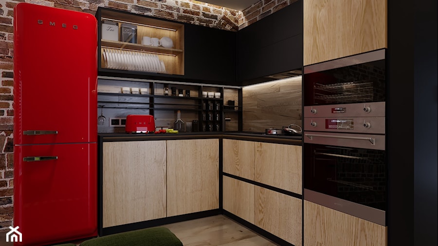 Rb_Architects Żoliborz Artystyczny - Mała zamknięta z kamiennym blatem czarna z zabudowaną lodówką kuchnia w kształcie litery l, styl industrialny - zdjęcie od RB ARCHITECTS