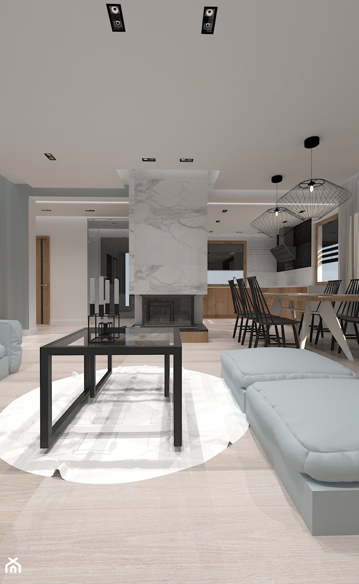 Dom pod Tychami - Duży biały szary salon z kuchnią z jadalnią, styl nowoczesny - zdjęcie od Andrea Głowala Architektura&Wnętrza