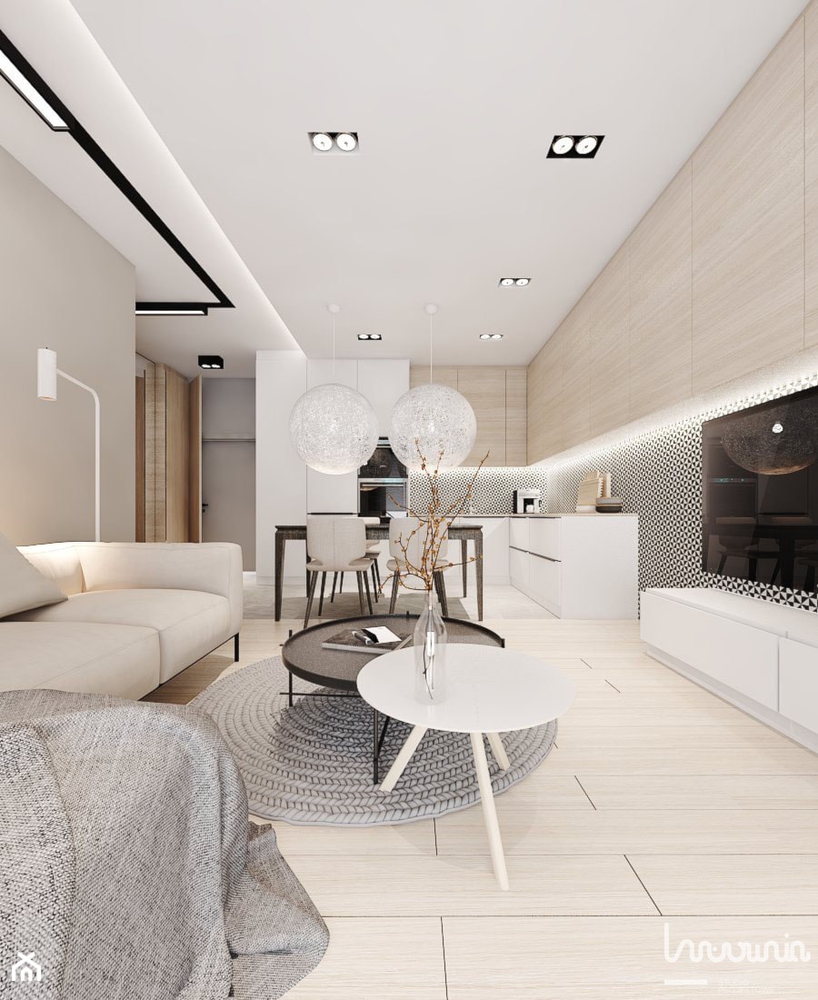 Średni beżowy biały czarny salon z kuchnią z jadalnią, styl nowoczesny - zdjęcie od KREOWNIA studio projektowe