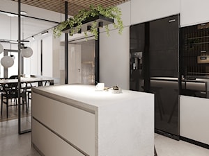 P_O2_2018_KOSZĘCIN - Średnia otwarta biała z zabudowaną lodówką kuchnia jednorzędowa z wyspą lub półwyspem, styl nowoczesny - zdjęcie od KREOWNIA studio projektowe