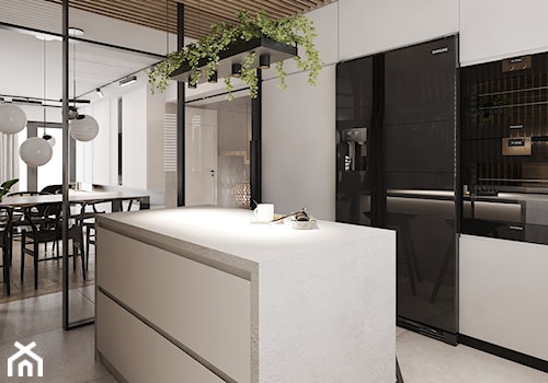 P_O2_2018_KOSZĘCIN - Średnia otwarta biała z zabudowaną lodówką kuchnia jednorzędowa z wyspą lub półwyspem, styl nowoczesny - zdjęcie od KREOWNIA studio projektowe
