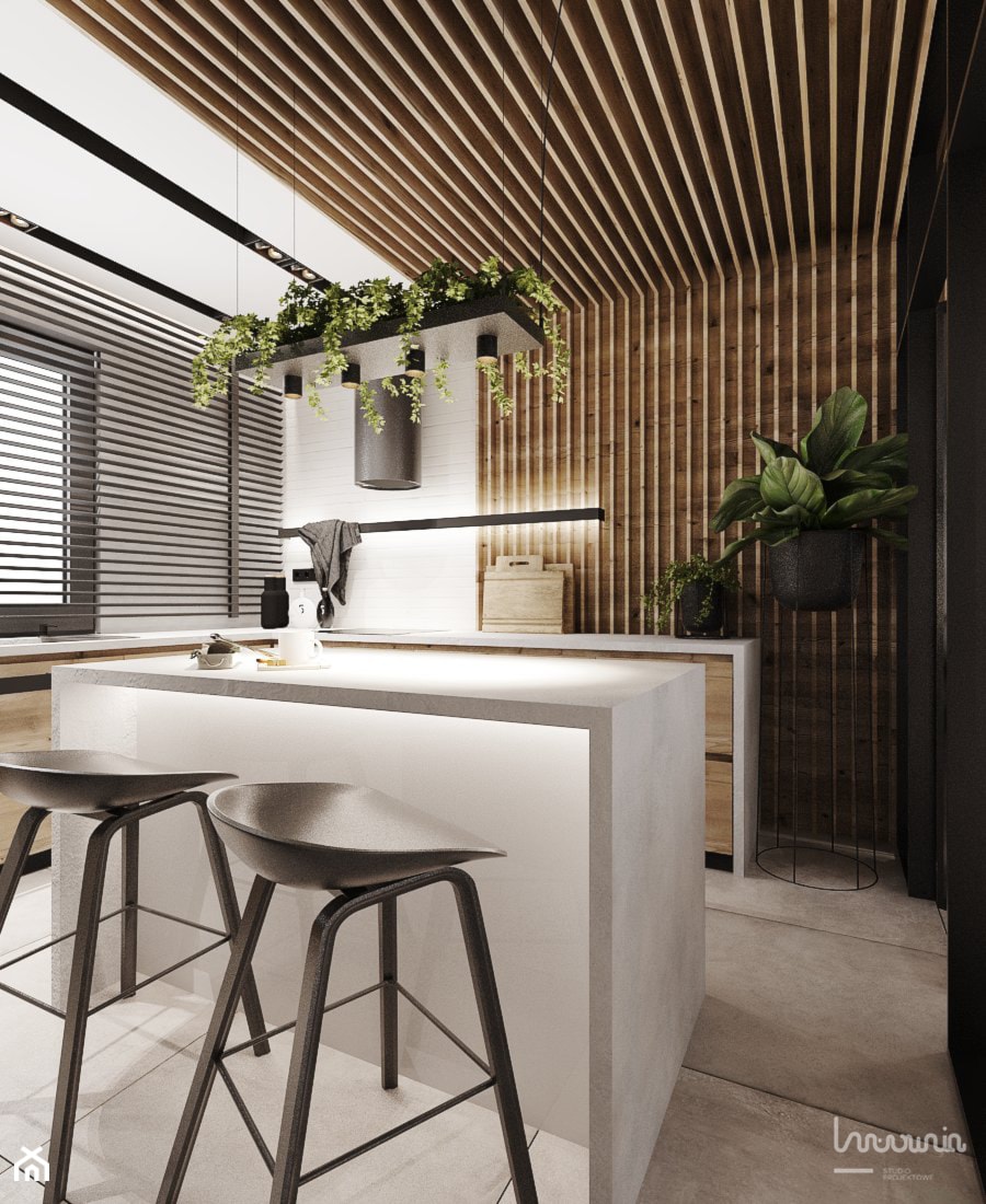 P_O2_2018_KOSZĘCIN - Średnia z kamiennym blatem czarna z zabudowaną lodówką kuchnia w kształcie litery l z wyspą lub półwyspem z oknem, styl nowoczesny - zdjęcie od KREOWNIA studio projektowe