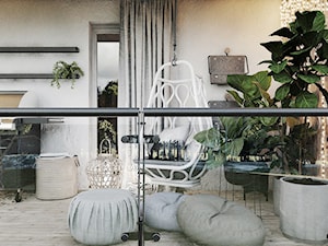 P_03_2018_KATOWICE - Duży z podłogą z desek z meblami ogrodowymi z donicami na kwiaty taras z tyłu domu, styl nowoczesny - zdjęcie od KREOWNIA studio projektowe