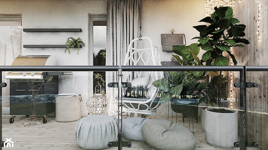 P_03_2018_KATOWICE - Duży z podłogą z desek z meblami ogrodowymi z donicami na kwiaty taras z tyłu domu, styl nowoczesny - zdjęcie od KREOWNIA studio projektowe