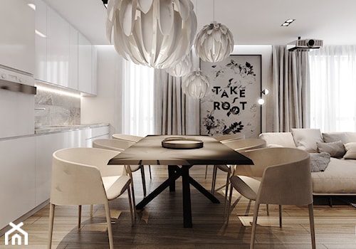 P_04_2017_KATOWICE - Duża biała jadalnia w salonie w kuchni, styl nowoczesny - zdjęcie od KREOWNIA studio projektowe
