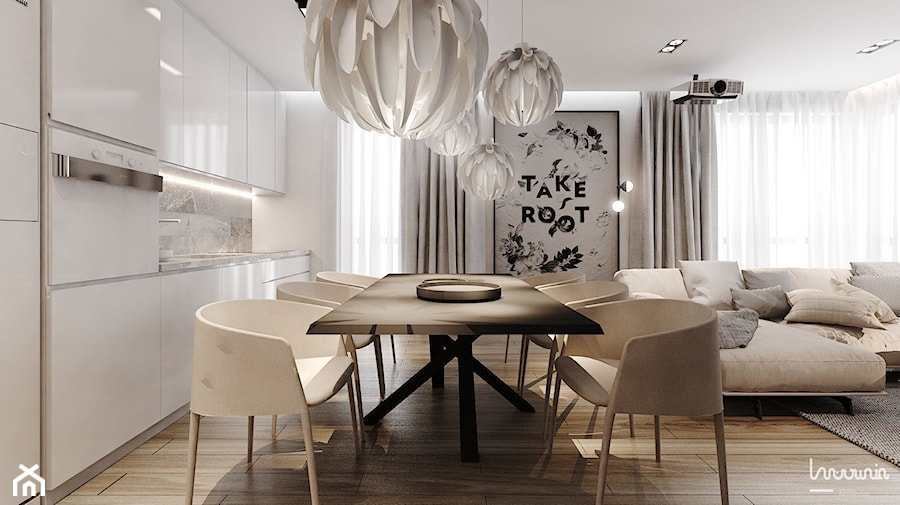 P_04_2017_KATOWICE - Duża biała jadalnia w salonie w kuchni, styl nowoczesny - zdjęcie od KREOWNIA studio projektowe