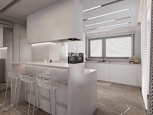 P_01_2018_POZNAŃ - Duża otwarta z kamiennym blatem biała z zabudowaną lodówką z podblatowym zlewozmywakiem kuchnia w kształcie litery g z oknem, styl minimalistyczny - zdjęcie od KREOWNIA studio projektowe
