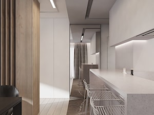 P_01_2018_POZNAŃ - Średnia otwarta z salonem z kamiennym blatem biała kuchnia w kształcie litery l, styl minimalistyczny - zdjęcie od KREOWNIA studio projektowe
