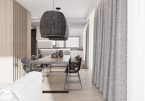 P_01_2018_POZNAŃ - Średnia beżowa biała jadalnia jako osobne pomieszczenie, styl minimalistyczny - zdjęcie od KREOWNIA studio projektowe