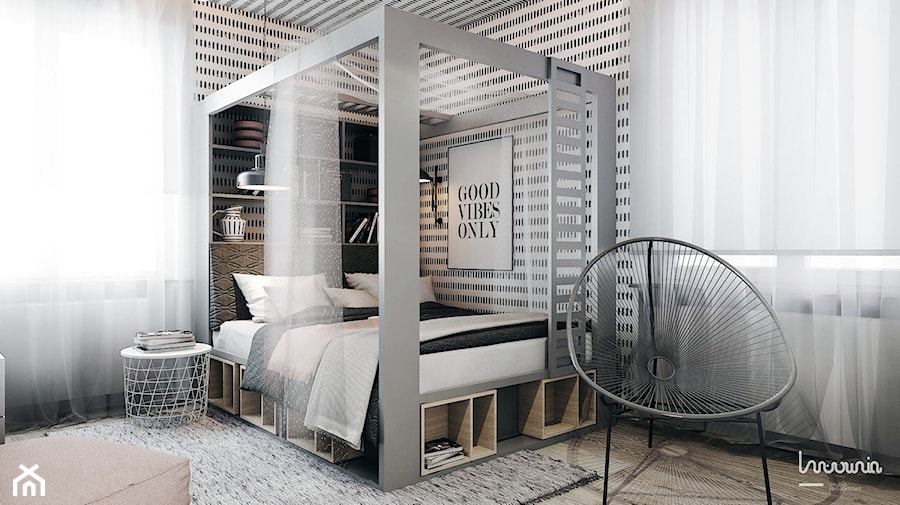 P_06_2017_KALETY - Średnia biała czarna sypialnia, styl skandynawski - zdjęcie od KREOWNIA studio projektowe