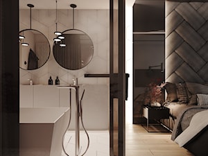 P_08_2017_TARNOWSKIE GÓRY - Średnia czarna szara z panelami tapicerowanymi sypialnia z łazienką, styl nowoczesny - zdjęcie od KREOWNIA studio projektowe