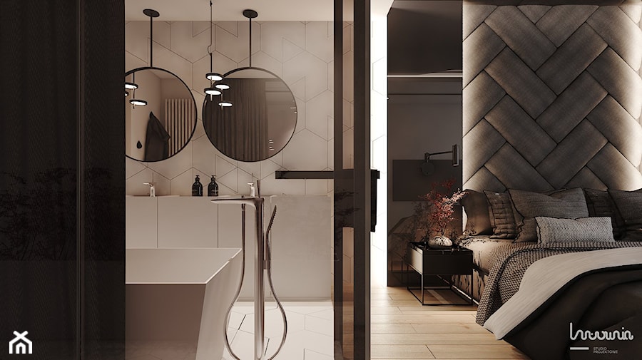P_08_2017_TARNOWSKIE GÓRY - Średnia czarna szara z panelami tapicerowanymi sypialnia z łazienką, styl nowoczesny - zdjęcie od KREOWNIA studio projektowe