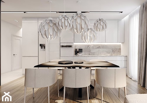 P_04_2017_KATOWICE - Duża biała czarna jadalnia w salonie w kuchni, styl nowoczesny - zdjęcie od KREOWNIA studio projektowe