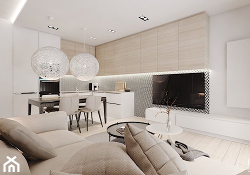 Średni biały salon z kuchnią z jadalnią, styl nowoczesny - zdjęcie od KREOWNIA studio projektowe