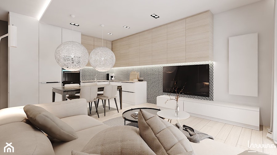 Średni biały salon z kuchnią z jadalnią, styl nowoczesny - zdjęcie od KREOWNIA studio projektowe