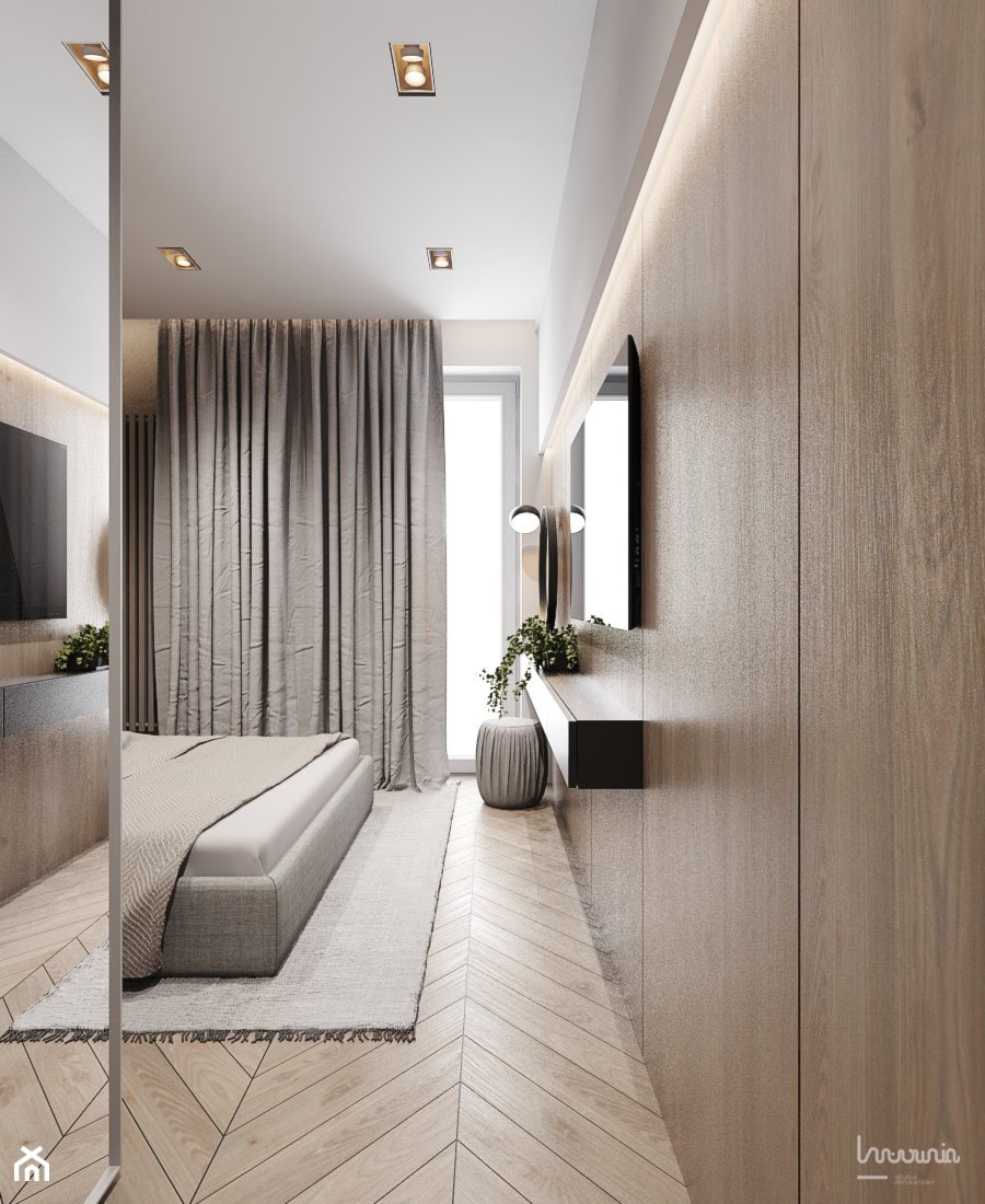 P_03_2018_KATOWICE - Średnia biała sypialnia z balkonem / tarasem, styl nowoczesny - zdjęcie od KREOWNIA studio projektowe