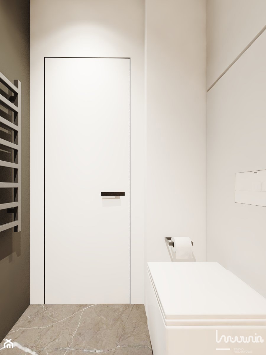 P_01_2018_POZNAŃ - Mała na poddaszu bez okna z marmurową podłogą łazienka, styl minimalistyczny - zdjęcie od KREOWNIA studio projektowe