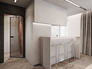 P_01_2018_POZNAŃ - Średnia otwarta z kamiennym blatem biała z zabudowaną lodówką kuchnia jednorzędowa z oknem, styl minimalistyczny - zdjęcie od KREOWNIA studio projektowe