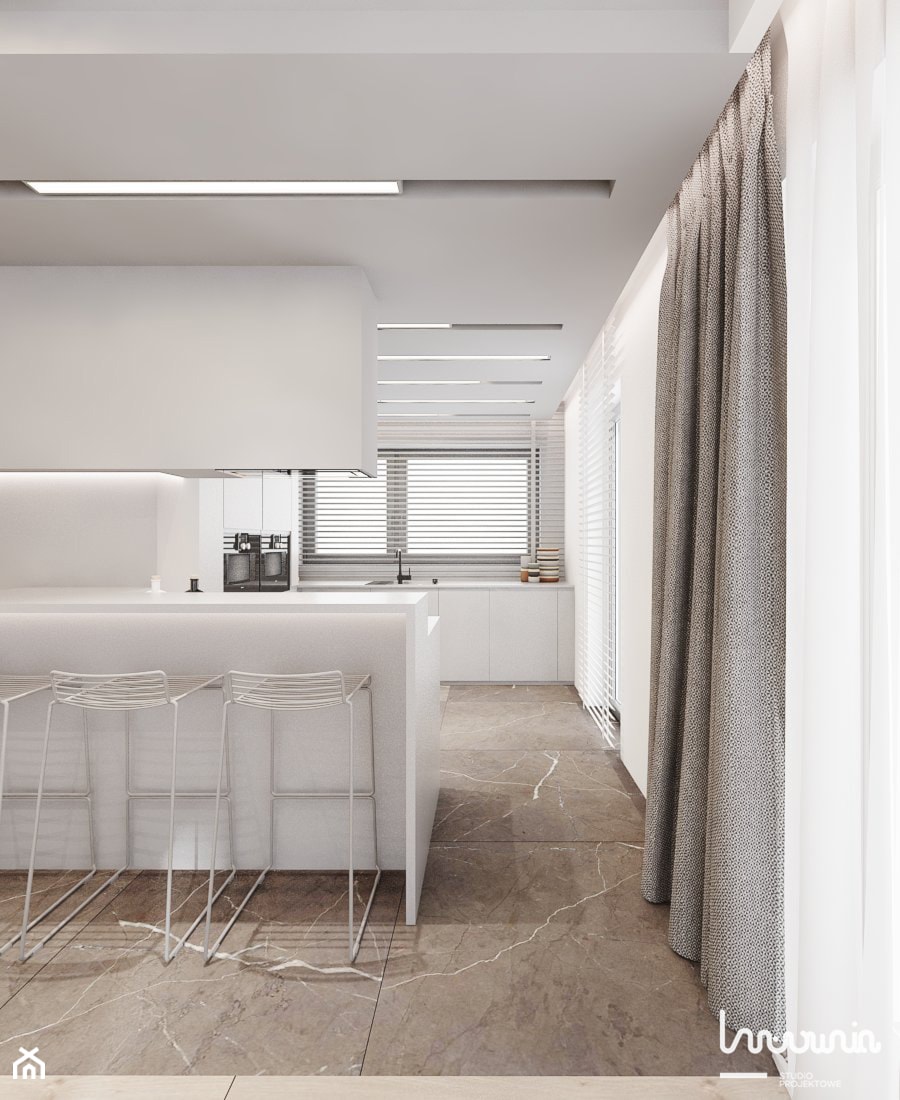 P_01_2018_POZNAŃ - Duża otwarta z salonem z kamiennym blatem biała z zabudowaną lodówką z nablatowym zlewozmywakiem kuchnia w kształcie litery l z wyspą lub półwyspem z oknem, styl minimalistyczny - zdjęcie od KREOWNIA studio projektowe
