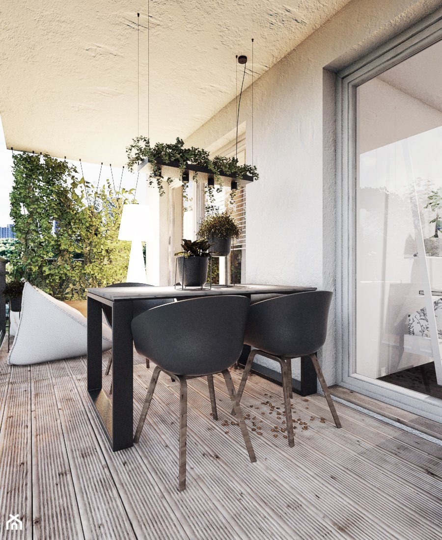 P_03_2018_KATOWICE - Średni z podłogą z desek z meblami ogrodowymi z donicami na kwiaty taras z tyłu domu, styl nowoczesny - zdjęcie od KREOWNIA studio projektowe