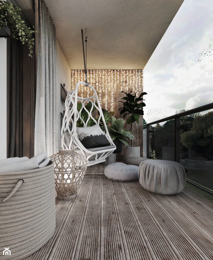 P_03_2018_KATOWICE - Duży z podłogą z desek z meblami ogrodowymi z donicami na kwiaty z fotelem wiszącym taras z tyłu domu, styl nowoczesny - zdjęcie od KREOWNIA studio projektowe