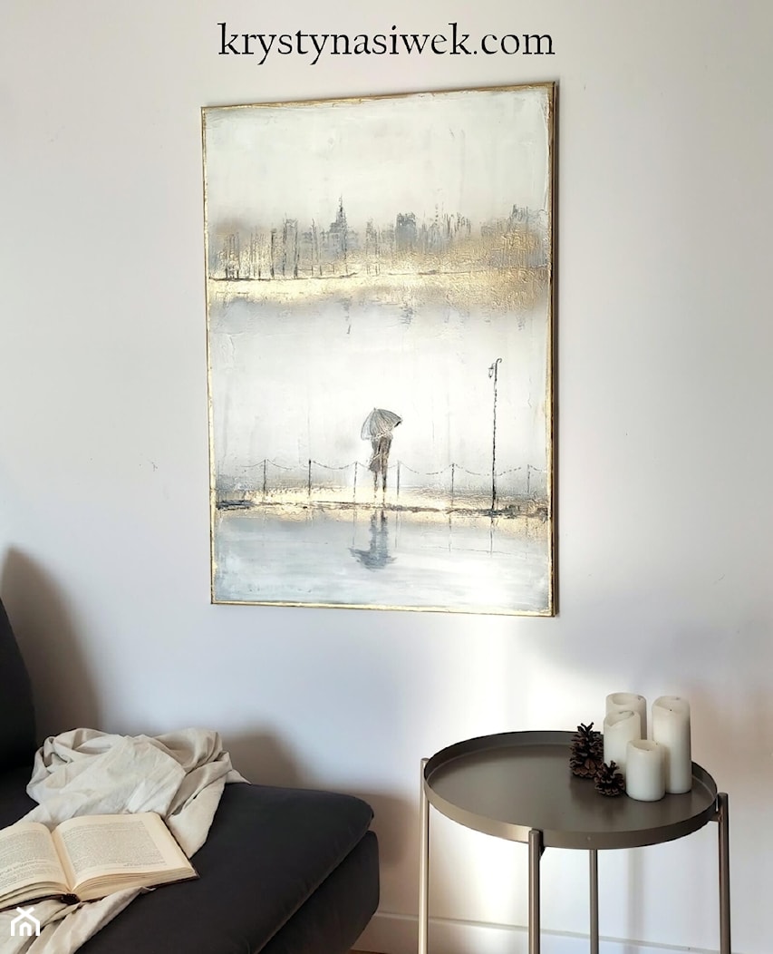 Nowoczesna abstrakcja do salonu biały ze złotem, elegancki obraz do sypialni - zdjęcie od KRYSTYNA SIWEK ART grafika i obrazy - Homebook