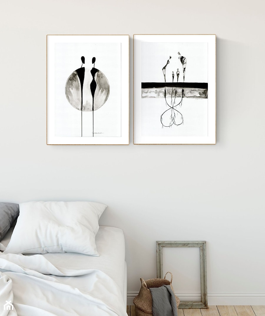 obrazy do sypialni, grafiki na ścianę, ręcznie malowane, abstrakcja czarno-biała, elegancki minimalizm - zdjęcie od KRYSTYNA SIWEK ART grafika i obrazy