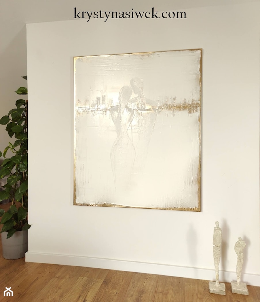 Nowoczesna abstrakcja do salonu biały ze złotem, elegancki obraz do sypialni - zdjęcie od KRYSTYNA SIWEK ART grafika i obrazy - Homebook
