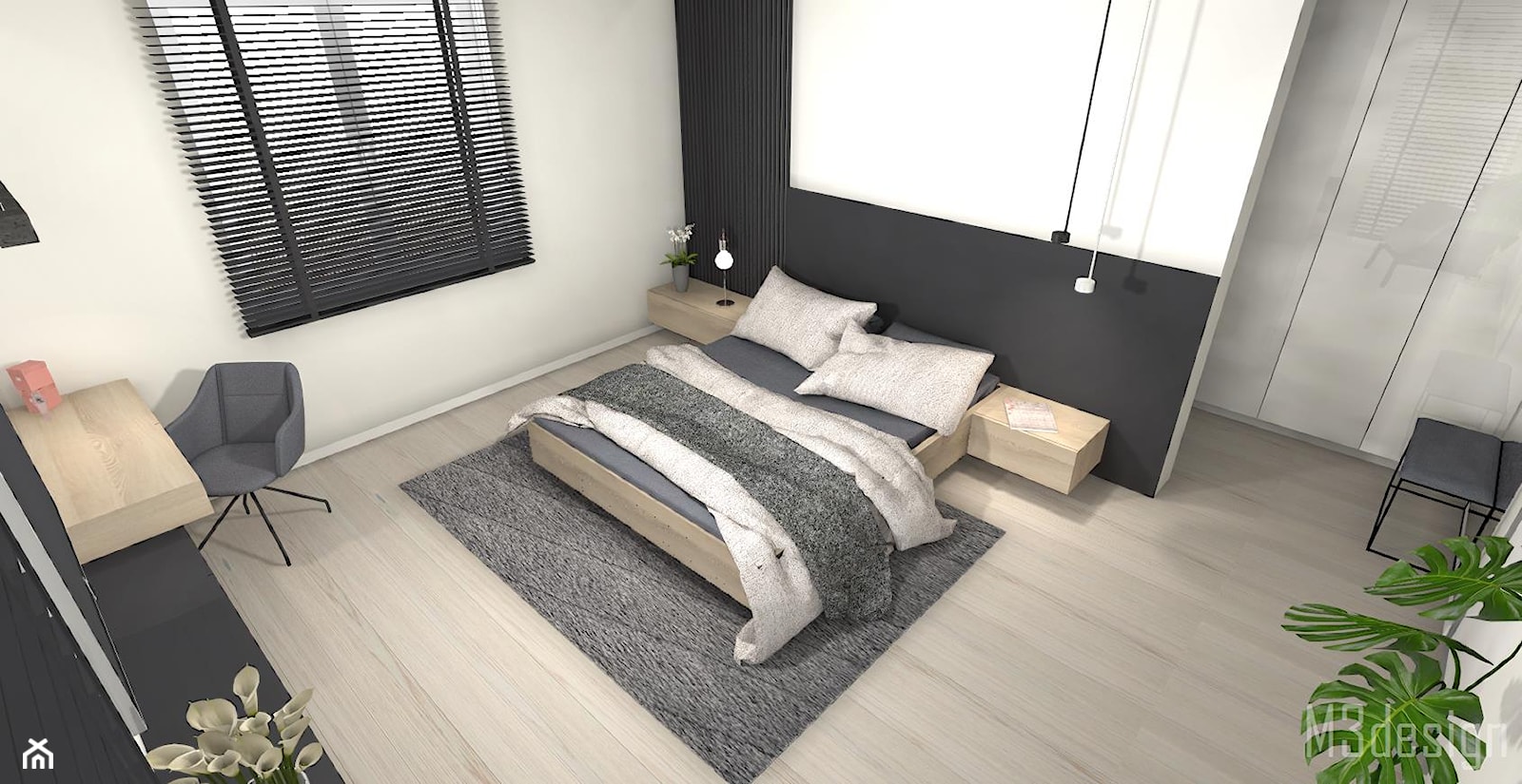 Sypialnia - Duża biała czarna z biurkiem sypialnia, styl nowoczesny - zdjęcie od m3design - Homebook