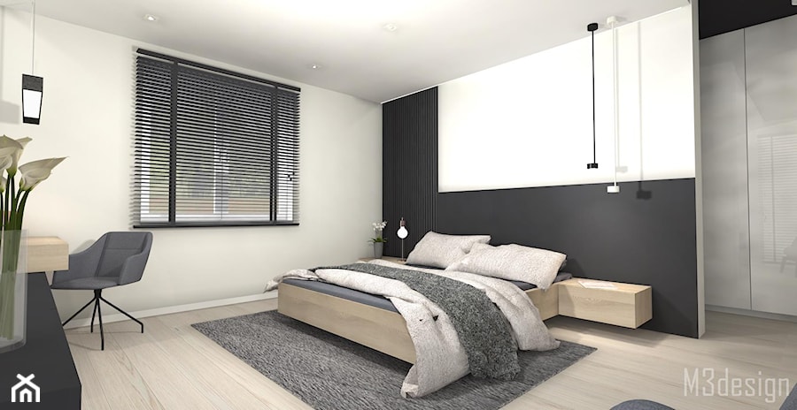 Sypialnia - Duża biała czarna z biurkiem sypialnia, styl nowoczesny - zdjęcie od m3design