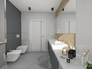 Projekt wnetrza łazienki w domu jednorodzinnym - Duża bez okna z lustrem z dwoma umywalkami z punktowym oświetleniem łazienka, styl nowoczesny - zdjęcie od m3design