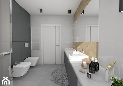 Projekt wnetrza łazienki w domu jednorodzinnym - Duża bez okna z lustrem z dwoma umywalkami z punktowym oświetleniem łazienka, styl nowoczesny - zdjęcie od m3design