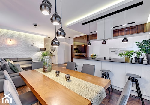 kla01 - Średni biały salon z kuchnią z jadalnią, styl nowoczesny - zdjęcie od kla