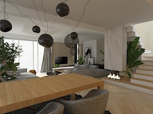 duży szary salon ze ściana tv wykonaną z drewna - zdjęcie od Atelier 37 | architektura & projektowanie wnętrz