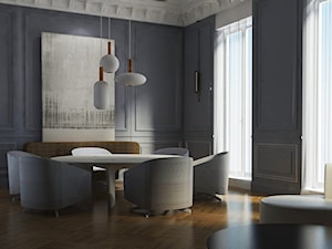 szary salon z jadalnia z okrągłym dużym stołem i 6 fotelami - zdjęcie od Atelier 37 | architektura & projektowanie wnętrz